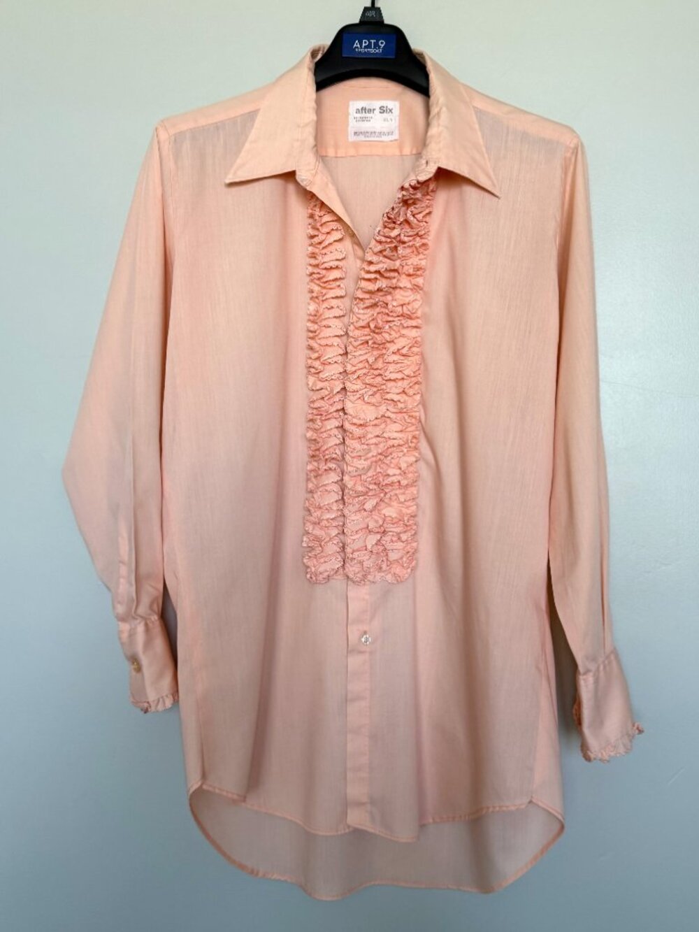 Vintage 70s Peach Ruffled Tuxedo Shirt Disco Festival Statement Top XL